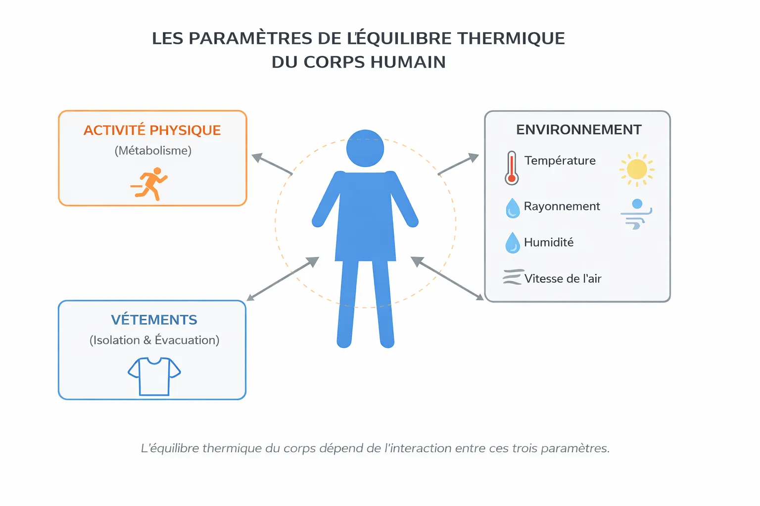 Schéma montrant l’équilibre thermique du corps humain : interaction entre l’activité physique (métabolisme), les vêtements (isolation et évacuation) et l’environnement (température, humidité, rayonnement, vitesse de l’air).